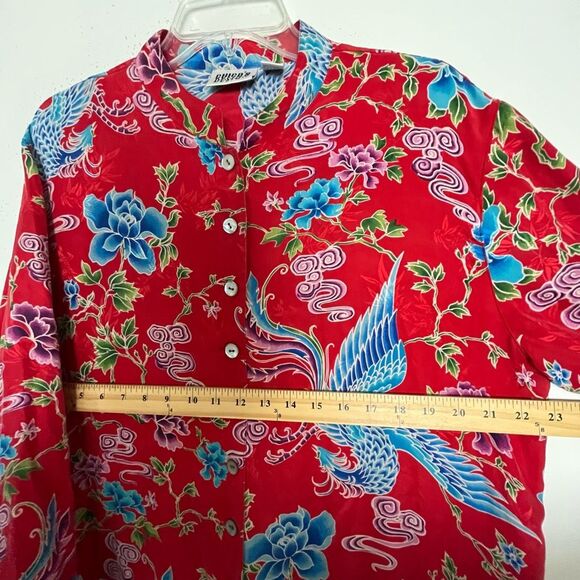 Chico's Silk Asian Art Kimono Top Womens XL 3 Floral Phoenix Red Artsy Lagenlook - Picture 7 of 11